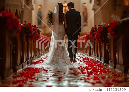 バージンロードを歩く新郎新婦8 AI生成画像 バージンロードを歩く新郎新婦8 AI生成画像 113131899