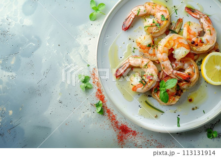Freshly grilled shrimp adorned with herbs and spices on a plate with lemon accents, an artistic gourmet presentation. Freshly grilled shrimp adorned with herbs and spices on a plate with lemon accents, an artistic gourmet presentation. 113131914