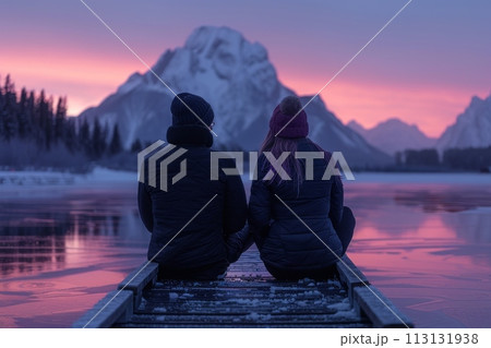 A couple is sitting on a dock overlooking a lake A couple is sitting on a dock overlooking a lake 113131938