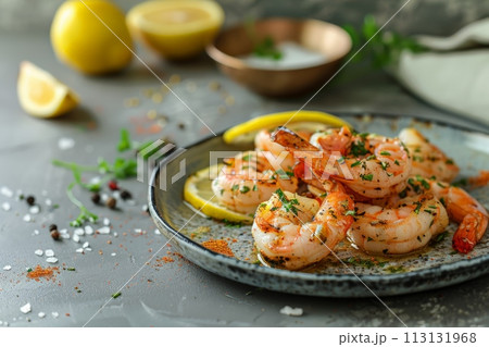 Grilled shrimp garnished with parsley, served with lemon slices on a textured grey plate, hinting at a sumptuous feast. 113131968