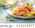 Sunlit grilled shrimp garnished with herbs and lemon on a white plate, blue background adding a fresh, maritime feel. 113131977