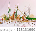 grilled shrimp on skewers with lemon slices, garnished with fresh herbs and spices on a light background. 113131990