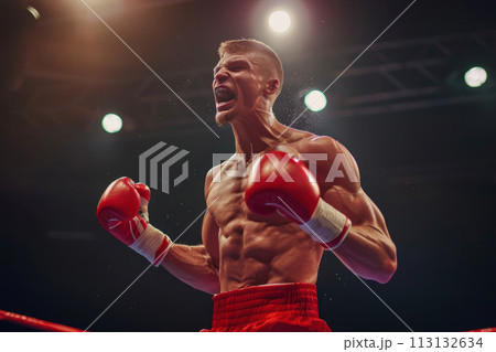 A boxer is in the ring with his hands up in the air 113132634