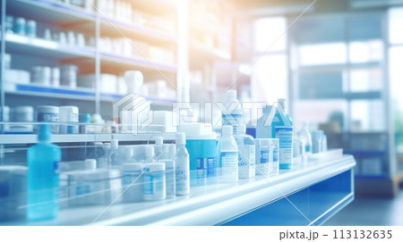 A row of bottles of medicine are lined up on a counter 113132635