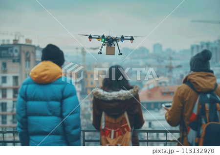 Two people are standing on a sidewalk, looking up at a drone flying overhead. logistic concept 113132970