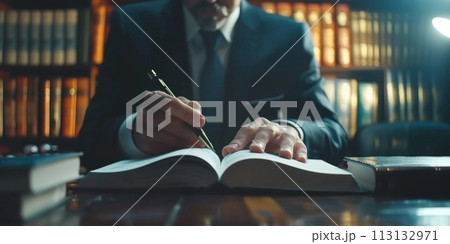A lawyer in a suit is writing in a book 113132971