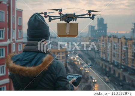 A drone is flying over a city with a box on it. Futuristic Logistic concept 113132975