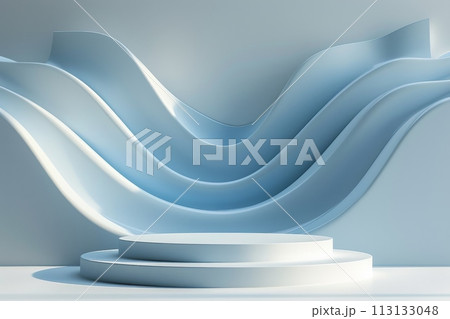 Podium and sculpture of a wave background. showcase and product concept 113133048