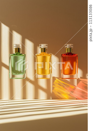 Mockup Bottles of perfume are displayed on a white table 113133086