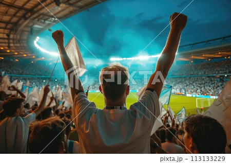 Soccer fan or football fan with flag at cheering while winning match. Generative AI 113133229