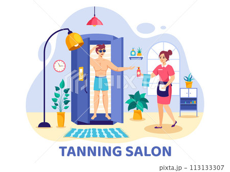 Tanning Salon Vector Illustration of Bed Procedure to Get Exotic Skin with Modern Technology at the Spa Solarium in Flat Cartoon Background 113133307