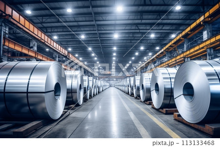 Rolls of galvanized steel sheet inside the factory or warehouse 113133468