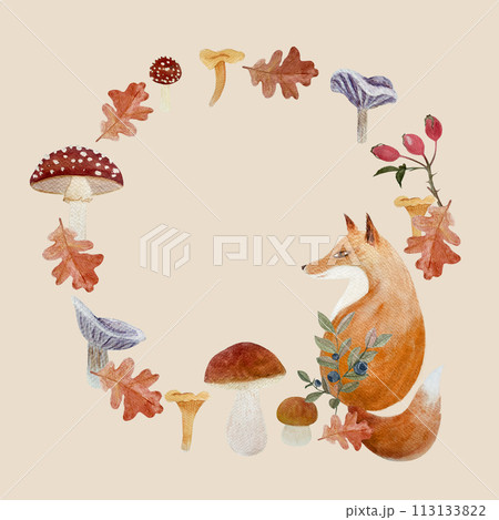 Fox in a oak leaf frame watercolor flat illustration isolated on white Fox in a oak leaf frame watercolor flat illustration isolated on white 113133822