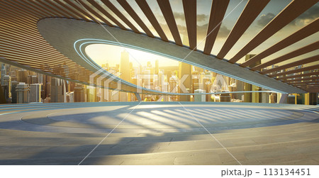3D Modern terrace overlooking city at sunset 113134451