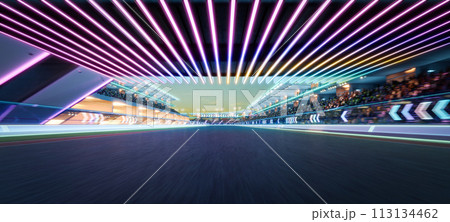 3D Futuristic racetrack with led lights at twilight 3D Futuristic racetrack with led lights at twilight 113134462