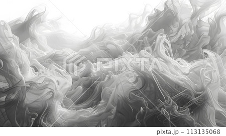 Closeup of grey smoke, resembling wool or fur, against white background 113135068