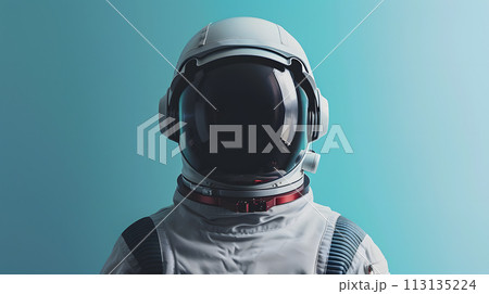 Closeup of an astronaut in outerwear helmet on electric blue background Closeup of an astronaut in outerwear helmet on electric blue background 113135224