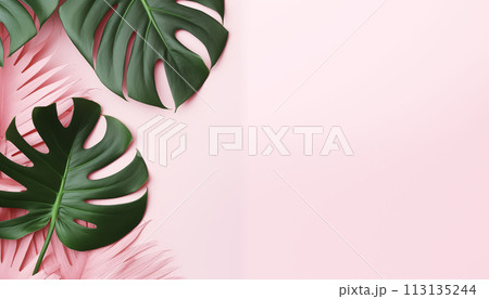 Tropical leaves on a pink background 113135244