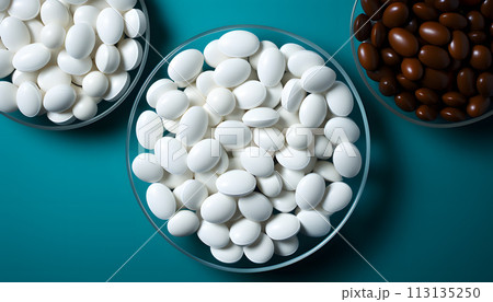 White pills on blue background 113135250