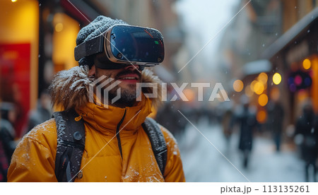 A man in VR glasses on a city street. A man in VR glasses on a city street. 113135261
