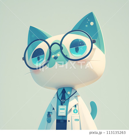 A cartoon cat in glasses and a lab coat focusing on vision care A cartoon cat in glasses and a lab coat focusing on vision care 113135263