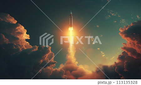 A rocket pierces through the cumulus clouds in the sky 113135328