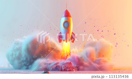 A rocket is soaring through the sky, spewing gas and flame 113135436