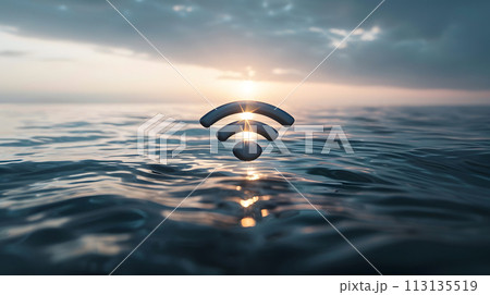 A wifi symbol hovers above the oceans horizon amidst vast natural landscape 113135519