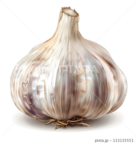 A closeup of a garlic bulb, a staple food ingredient, on a white background A closeup of a garlic bulb, a staple food ingredient, on a white background 113135551