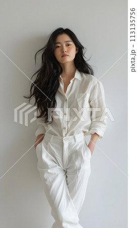 Woman in white shirt and pants standing in front of white wall Woman in white shirt and pants standing in front of white wall 113135756