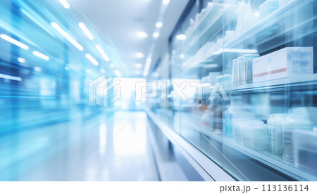 The blurred abstract background of the pharmacy. 113136114