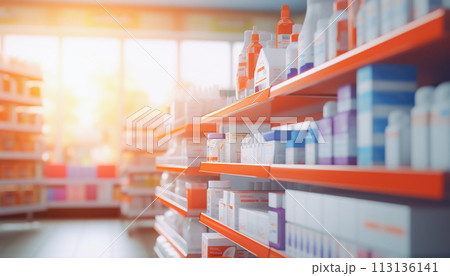 The blurred abstract background of the pharmacy. 113136141