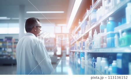 The blurred abstract background of the pharmacy. 113136152