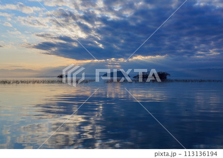 竹生島に光芒が降り注ぐ琵琶湖の夕焼け情景 113136194