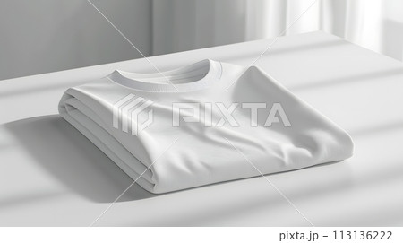 Comfortable grey tshirt folded neatly on a sleek white table 113136222