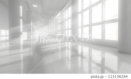 Bright light fills a long hallway with parallel windows and wooden flooring Bright light fills a long hallway with parallel windows and wooden flooring 113136284