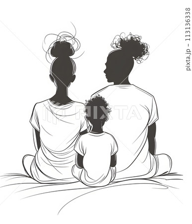 a black and white drawing of two women and a child sitting next to each other 113136338