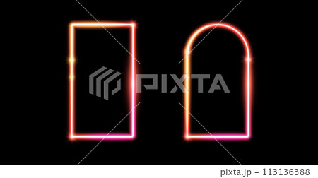 Glow neon rectangle and arch frames. Pink yellow shining borders. Neon light portal doors concept. Gold rectangular and curved arc border with flares. Design element for poster, banner, game. Vector 113136388