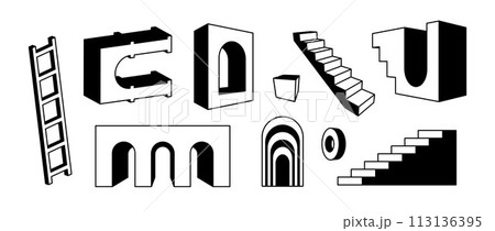 Collection of line stairs and arches in perspective. Outline surreal geometric element set. Bold 3d arc door, ladder, staircase, gate bundle. Trippy shapes for collage, poster, banner, sticker. Vector 113136395