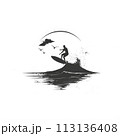 A surfer carves through the liquid canvas on a wave with their surfboard 113136408