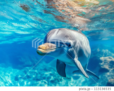 A dolphin gracefully swimming in the clear blue waters 113136535