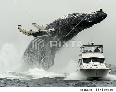 An astonishing moment as a humpback whale leaps high beside a moving boat 113136546