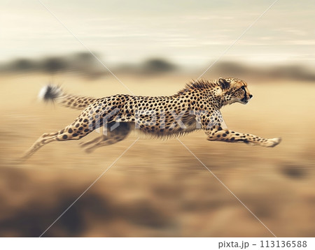 A cheetah at full speed during a hunt, captured in stunning detail against a blurred savannah background A cheetah at full speed during a hunt, captured in stunning detail against a blurred savannah background 113136588