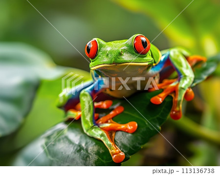 A vivid close-up of a red-eyed tree frog, showcasing its bright colors and detailed texture 113136738