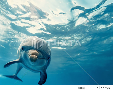 A dolphin gracefully swimming in the clear blue waters A dolphin gracefully swimming in the clear blue waters 113136795