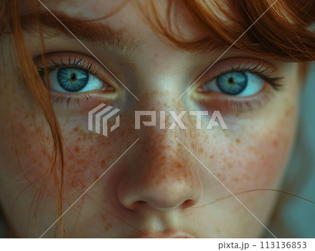 Close-up of a woman's face focusing on her striking blue eyes and the details of her natural beauty Close-up of a woman's face focusing on her striking blue eyes and the details of her natural beauty 113136853