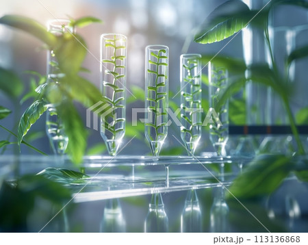 Test tubes with plants in a scientific lab for biotechnology research Test tubes with plants in a scientific lab for biotechnology research 113136868