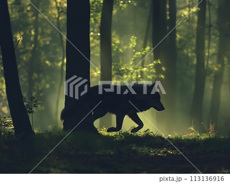 Silhouette of a gray wolf running through the forest, embodying the essence of wild freedom 113136916