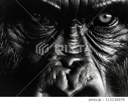 An intense close-up of a gorilla's face, highlighting its penetrating gaze and deep, soulful eyes An intense close-up of a gorilla's face, highlighting its penetrating gaze and deep, soulful eyes 113136976