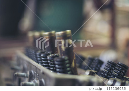 Mechanic tools engineering equipment car auto repair shop with copy space. Blurred background mechanical service. Heavy screw grungy rusted wrenches dirty screwdriver object. Industrial hardware set 113136986